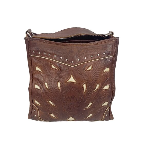 Handcrafted Brown White  Hand Tooled Leather Shoulder Bag Vintage - Picture 9 of 14